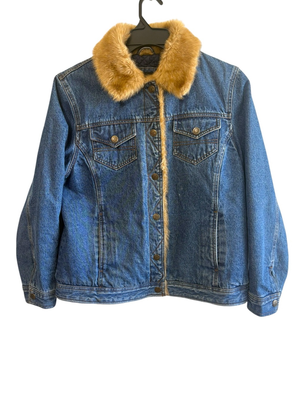 JLC New York‎ Size Large Denim Faux Fur Lined Jacket Button Up Y2K Boho Hippie